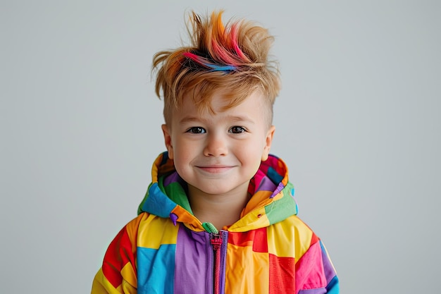 Bright boy with rainbow hair in multicolored bright jacket energetic colorful expression of youth