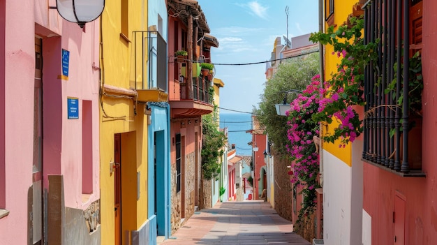 Bright buildings on a narrow street in a Spanish town on sunny day