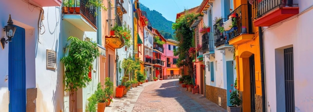 Bright buildings on a narrow street in a Spanish town on sunny day