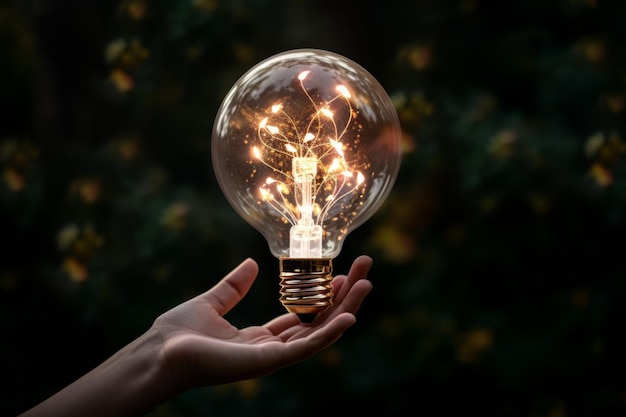 写真 明るい電球 手の電気 エネルギー 輝くアイデア 照らされたイノベーション 発明 インスピレーションランプ