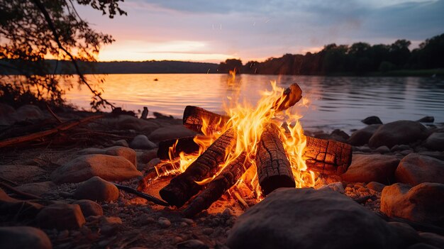 Photo a bright burning bonfire on the shore