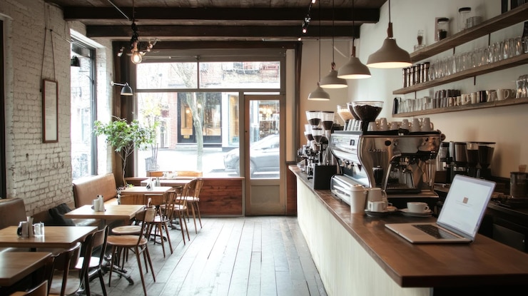 Photo bright cafe interior with wooden floors tables chairs and a coffee bar