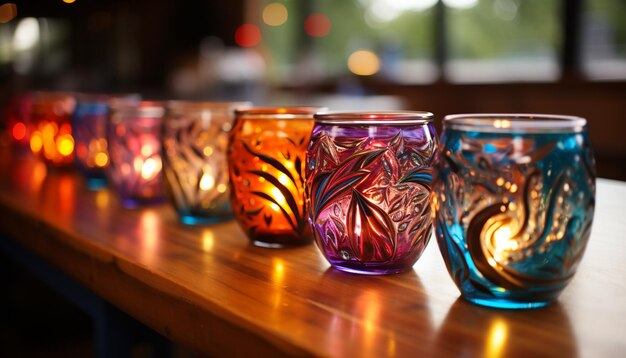 写真 明るいろうそくの炎がaiによって生成された暗いテーブル上の古い装飾された陶器の花瓶を照らします