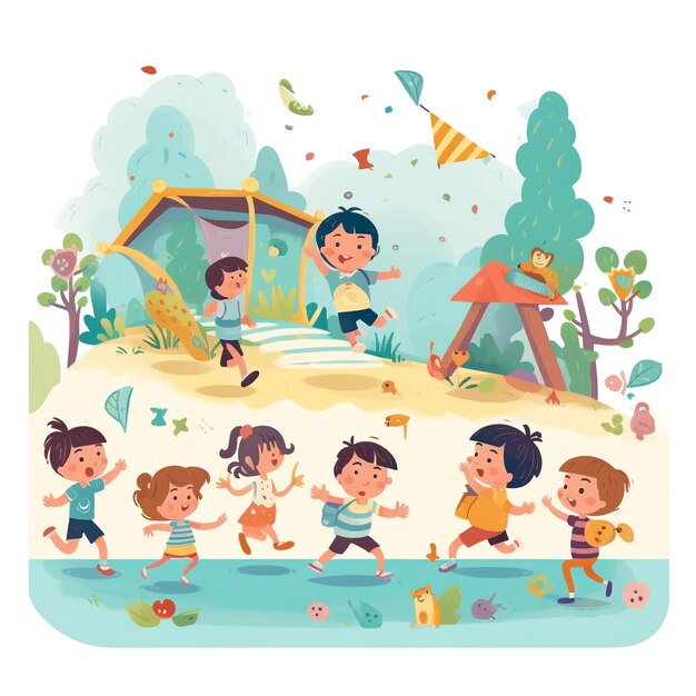 Bright cartoon colorful picture of happy children