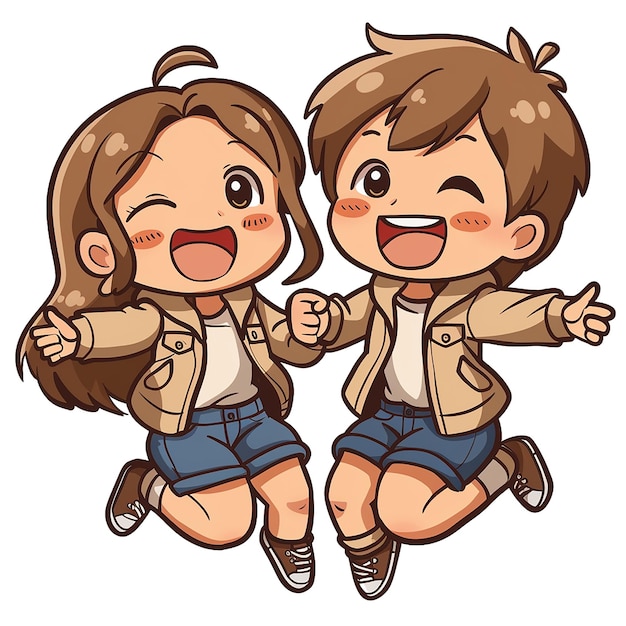 Bright cartoon kawaii image of a couple of young people jumping joyfully