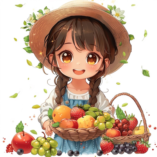 Bright cartoon kawaii image of a girl with fruits