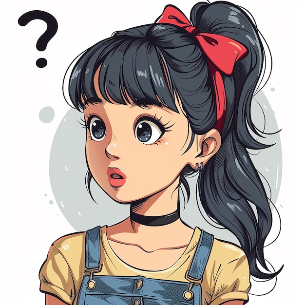 Bright cartoon kawaii image of a puzzled and scared girl with question marks