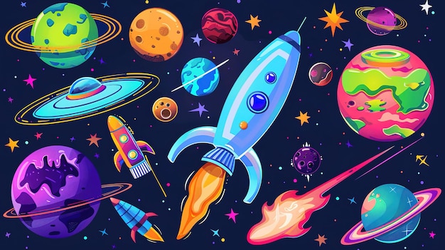 Bright cartoon space scene with rocket and planets a whimsical journey into the cosmic universe