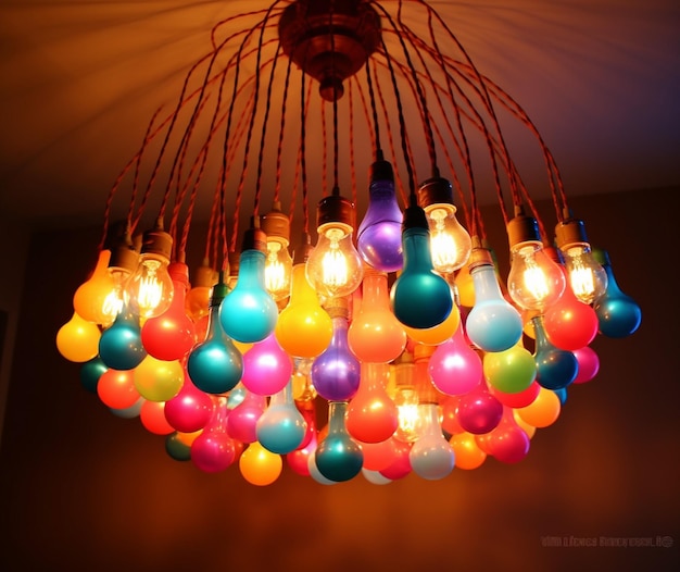 A bright chandelier made of colourful bulbs