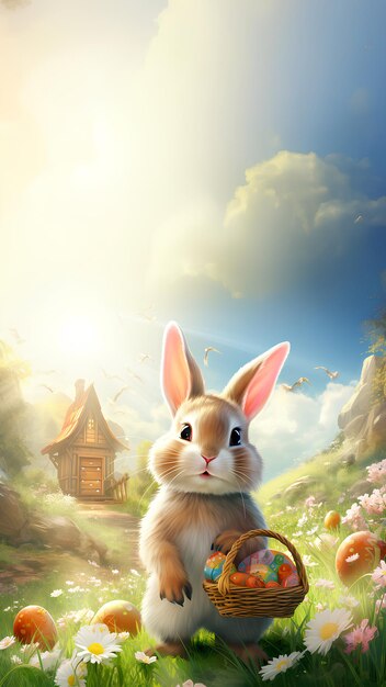 Bright and cheerful digital illustration of a cute rabbit and Easter eggs They are often used to dec