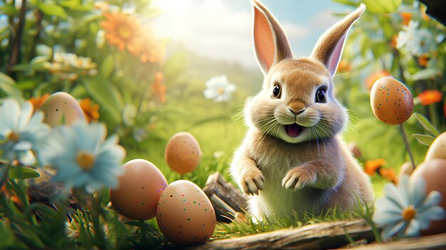 Bright and cheerful digital illustration of a cute rabbit and Easter eggs They are often used