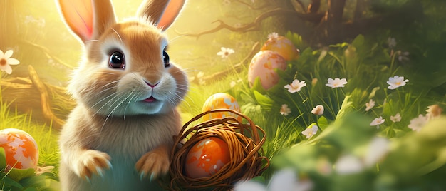 Bright and cheerful digital illustration of a cute rabbit and Easter eggs They are often used