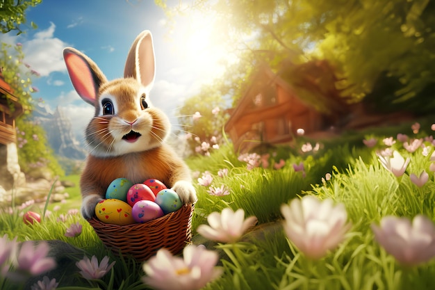 Bright and cheerful digital illustration of a cute rabbit and Easter eggs They are often used