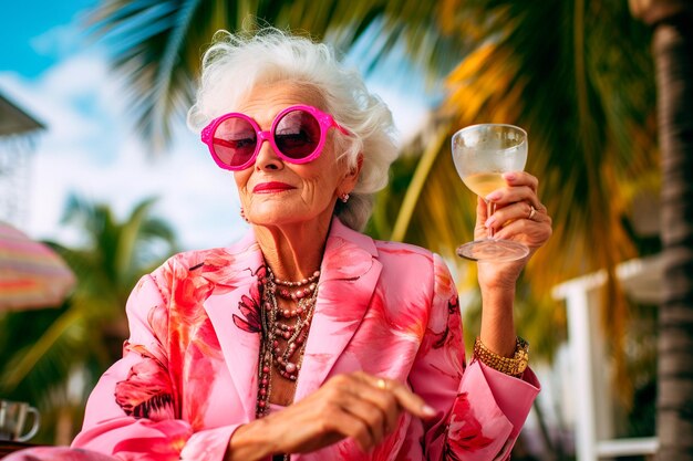 Bright cheerful elderly woman closeup drinking alcoholic cocktail on vacation portrait