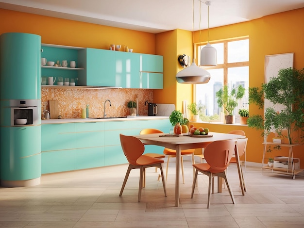 Bright and cheerful kitchen with a retroinspired design ai generative