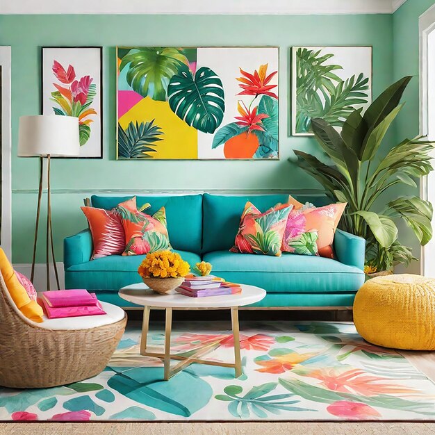 Photo a bright and cheerful tropical living room with tropical prints and bold colors generated by ai