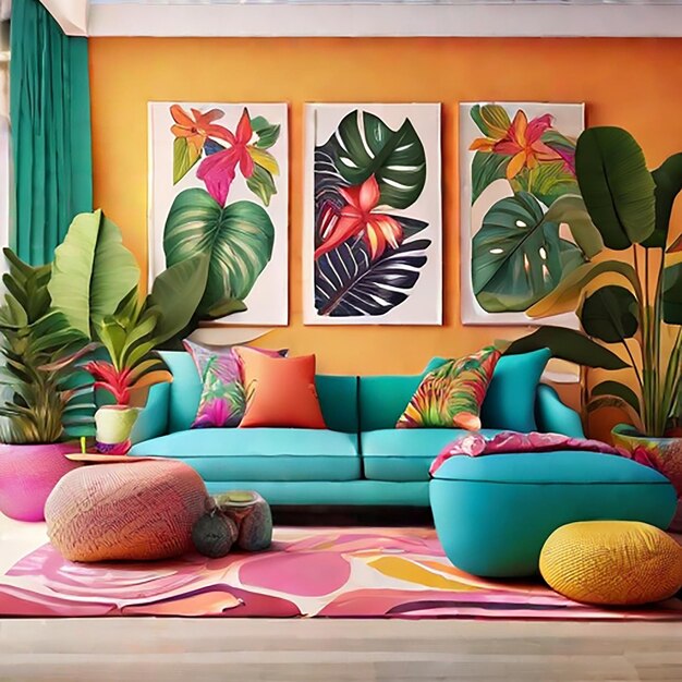 A bright and cheerful Tropical Living Room with tropical prints and bold colors generated by AI