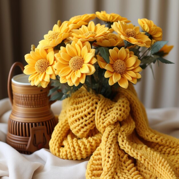 Bright and cheerful yellow flowers in a cozy knit scarf