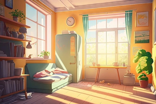 生成aiで作った窓から太陽の光が差し込む明るく陽気な部屋