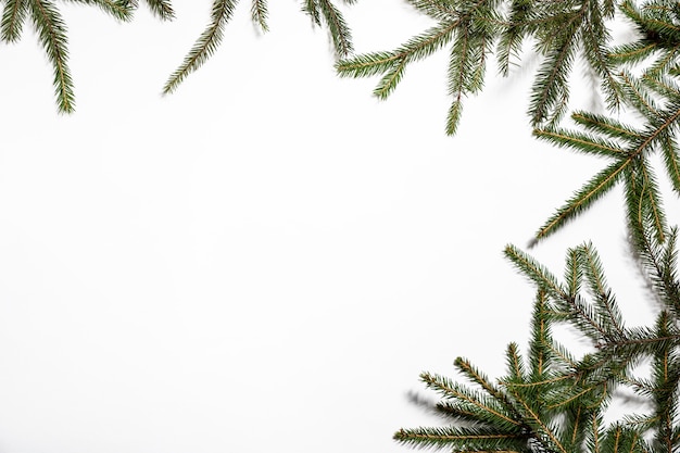 Photo bright christmas frame made of spruce on a white.