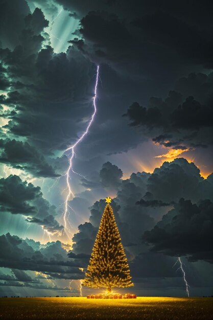 Bright christmas tree in a large field with dark clouds and lightning in the sky wallpaper xmas