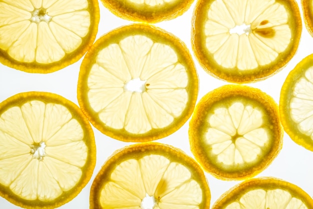 Bright citrus lemon slices Juicy transparent fruit on white luminous background