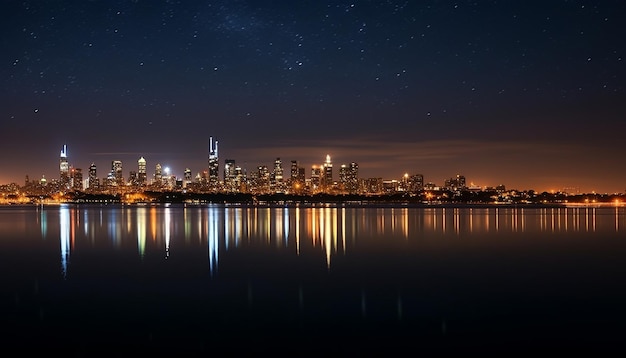 Photo bright city lights reflect on the tranquil waterfront at dusk generated by ai