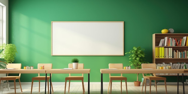 Bright classroom with colorful furniture and educational posters