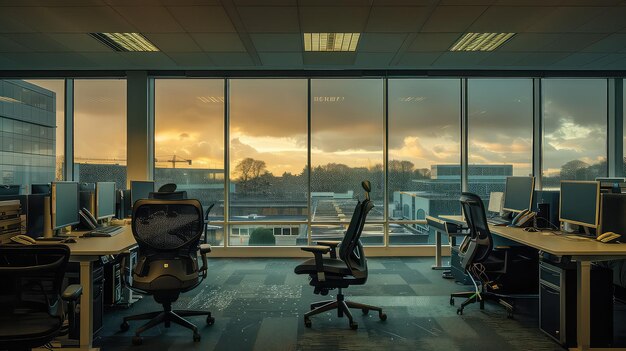 Bright and Clean Industrial Style Office Interior Open Space with Gray Chairs Large Windows High Empty Ceilings a Concrete Floor No People Working Business Concept