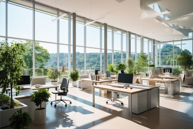 Bright and clean office environment abstract background bright office with plants and large windows