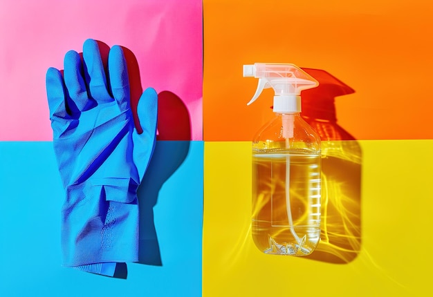 Foto guanti per articoli di pulizia luminosi e bottiglia spray su uno sfondo colorato