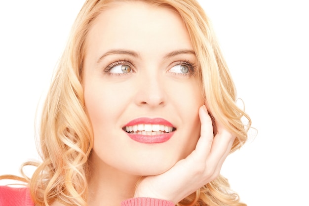 bright closeup picture of beautiful pensive woman