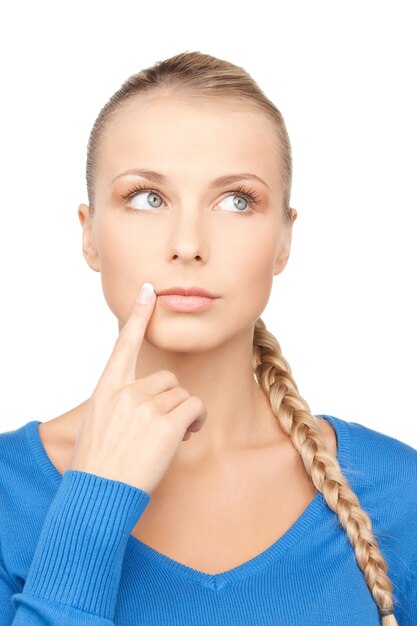 bright closeup picture of beautiful pensive woman