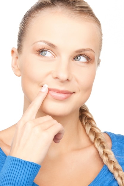 bright closeup picture of beautiful pensive woman