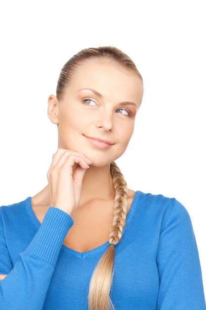 bright closeup picture of beautiful pensive woman