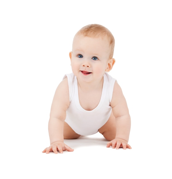 bright closeup picture of crawling baby boy.