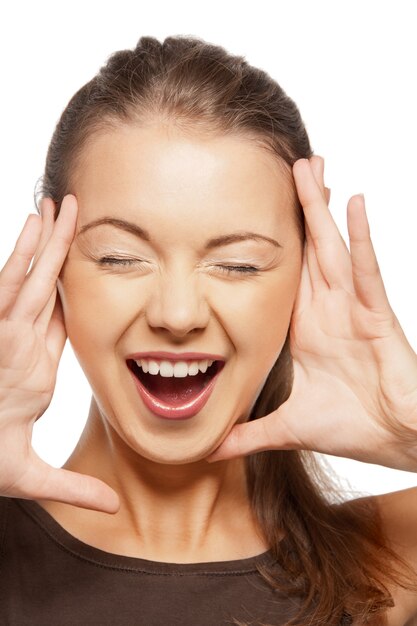 bright closeup portrait picture of happy screaming teenage girl