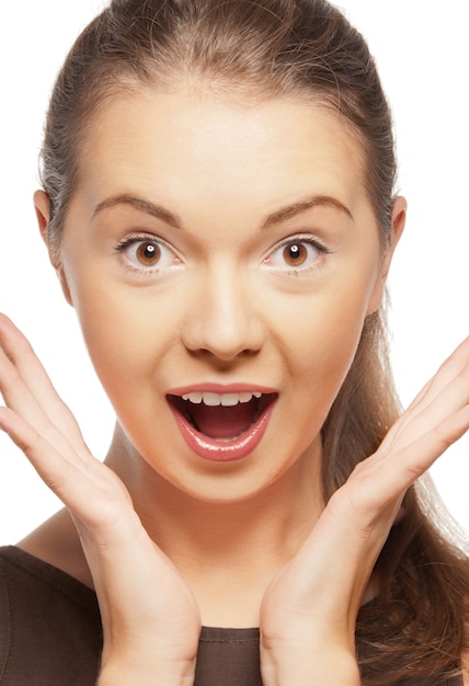 bright closeup portrait picture of happy screaming teenage girl