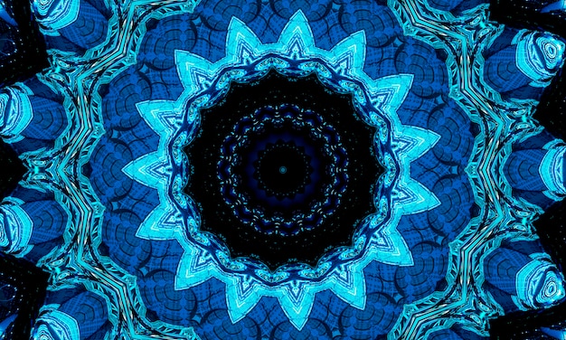 Bright cold cyan sun midpoint drawing shape art design. Big fuzzy magic sphere form in modern artist. Navy aqua color motley power boom ball symbol on dark fond. Deep sea kaleidoscope.