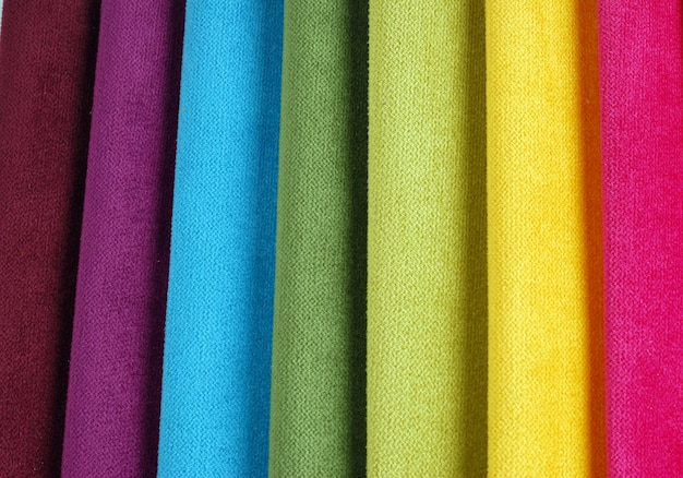 Photo bright collection of colorful velour textile samples.