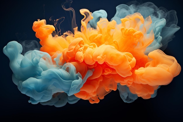 밝은 색의 구름, 파란색과 오렌지색 페인트의 물방울, 물 에 있는 페인트, 추상적인 배경.