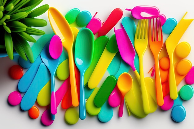 Bright color disposable plastic forks and spoons isolated on white background Ecology problem