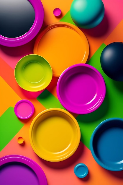 Bright color disposable plastic tableware background picnic set ecology problem top view