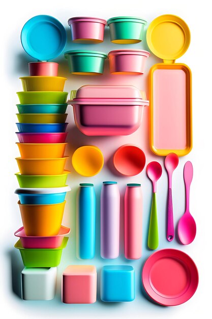 Bright color disposable plastic tableware isolated on white background picnic set ecology problem