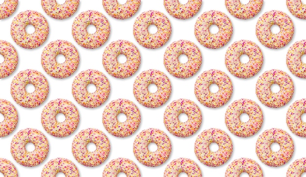 흰색 배경에 밝은 색상 도넛 패턴 디저트. 달콤한 과자 도넛 평면도, 정크 푸드, 컴포트 푸드 설정