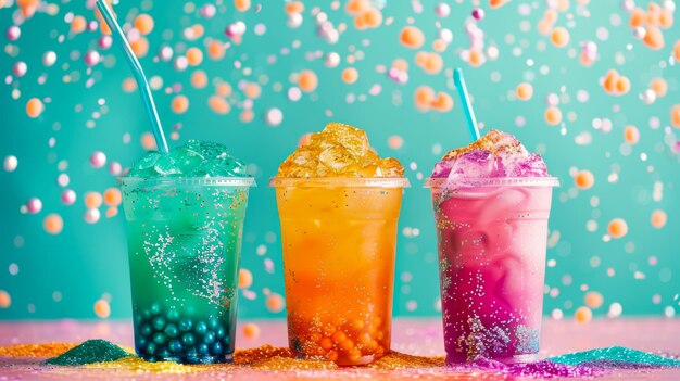 Bright colored lemonades in disposable glasses with ice fruits or berries on a blue background
