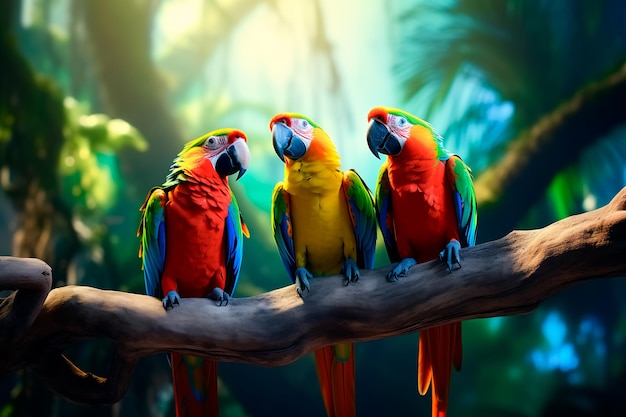 Bright colored parrots on a tree branch in the forest AI Generated