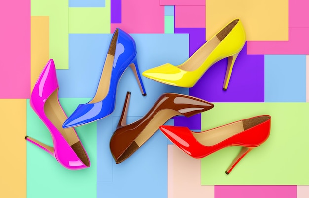 Photo bright colored women's shoes on a solid background. 3d rendering illustration.