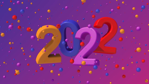 Bright colorful 2022 and particles. Color gradient background. Abstract illustration, 3d render.