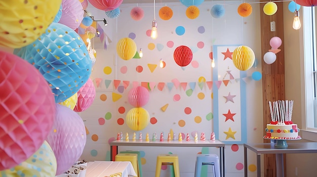 明るくてカラフルな誕生日パーティーの装飾 部屋はカラフルで紙のランターンで満たされています ストライマーと風船